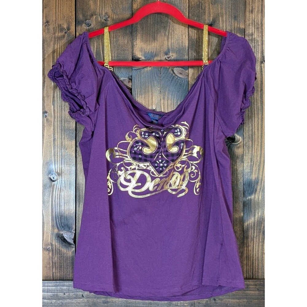 Dereon Purple Graphic Off Shoulder Top Womens 2X Gold Chain Rhinestone Y2K
